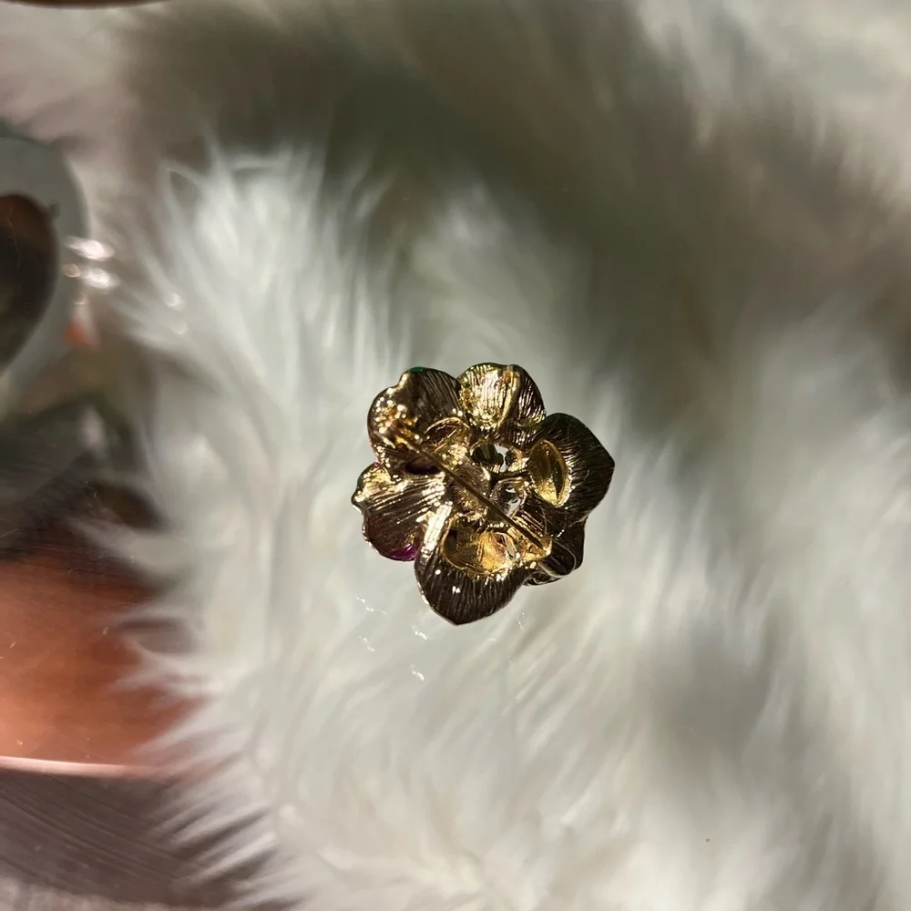 Purple, Green, Gold Brooch with Pearl in Center